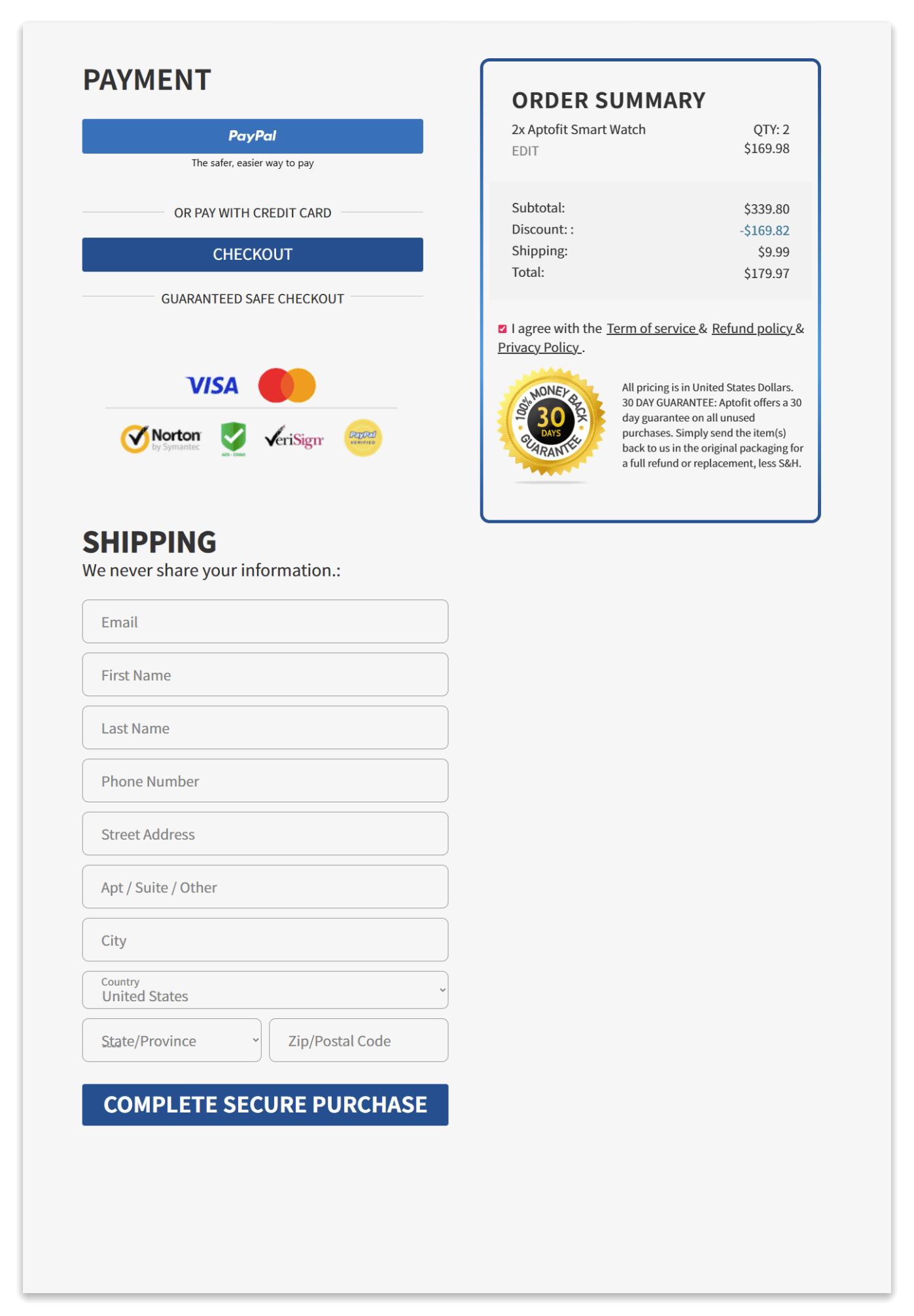 aptofit smartwatch checkout page.